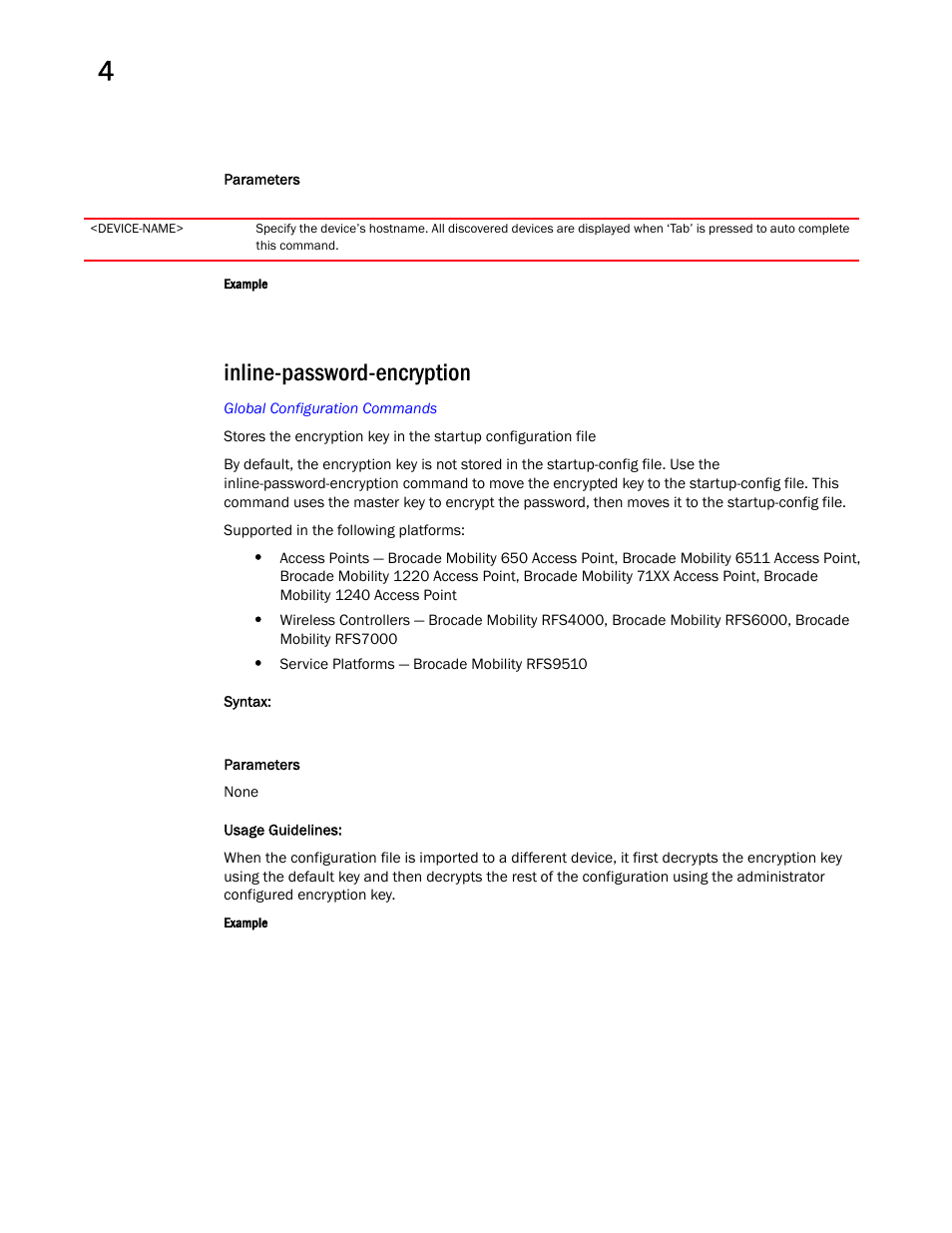 Inline-password-encryption, Inline-password-encryp tion | Brocade Mobility RFS Controller CLI Reference Guide (Supporting software release 5.5.0.0 and later) User Manual | Page 266 / 1355