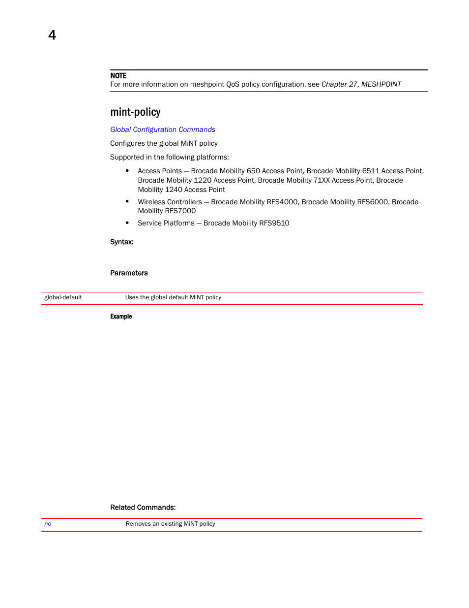 Mint-policy | Brocade Mobility RFS Controller CLI Reference Guide (Supporting software release 5.5.0.0 and later) User Manual | Page 274 / 1355