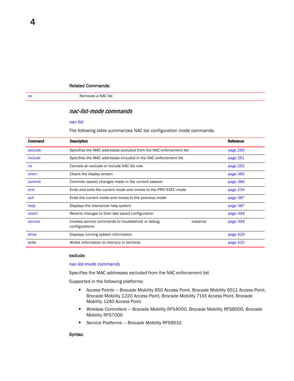 Nac-list-mode commands | Brocade Mobility RFS Controller CLI Reference Guide (Supporting software release 5.5.0.0 and later) User Manual | Page 276 / 1355