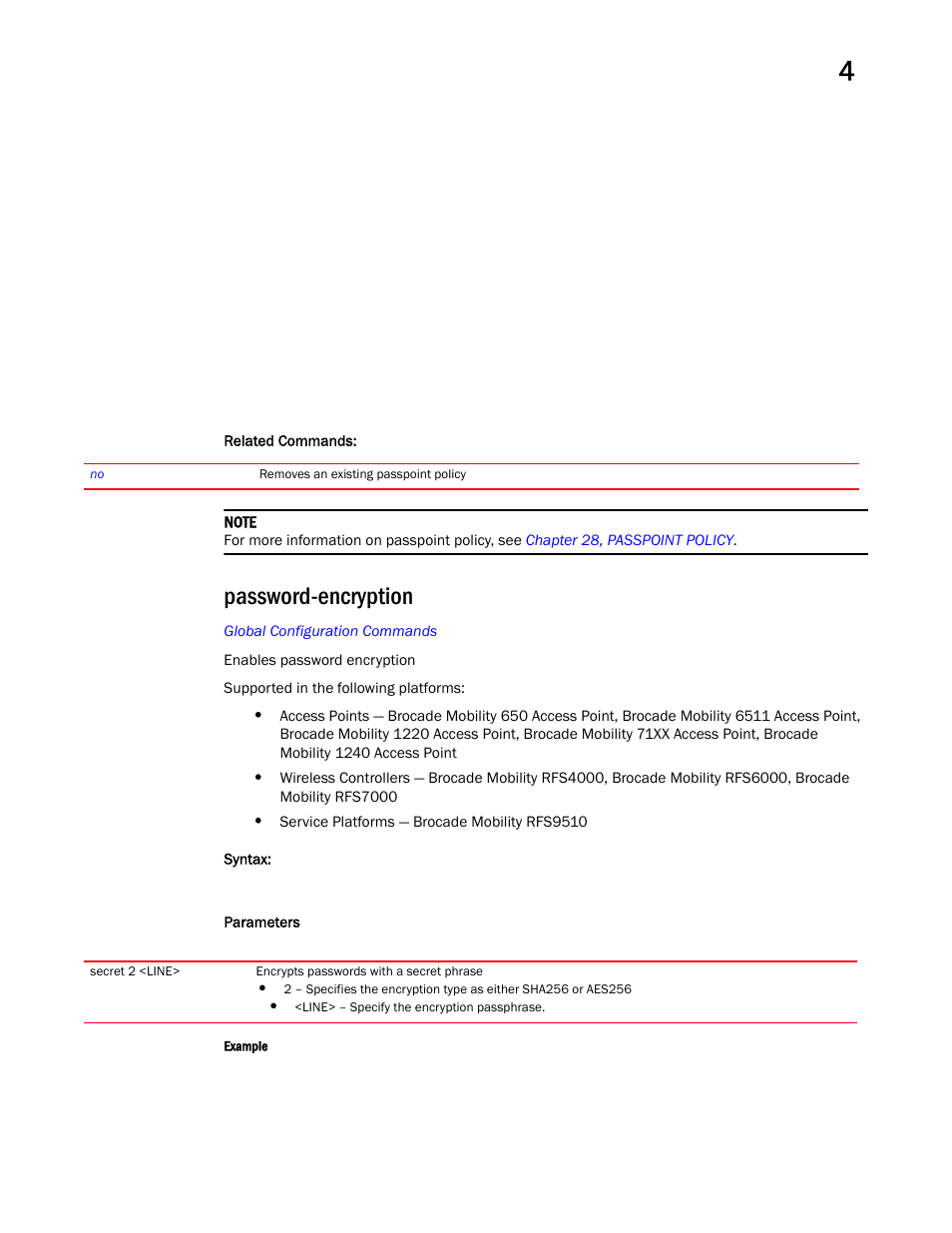 Password-encryption | Brocade Mobility RFS Controller CLI Reference Guide (Supporting software release 5.5.0.0 and later) User Manual | Page 287 / 1355