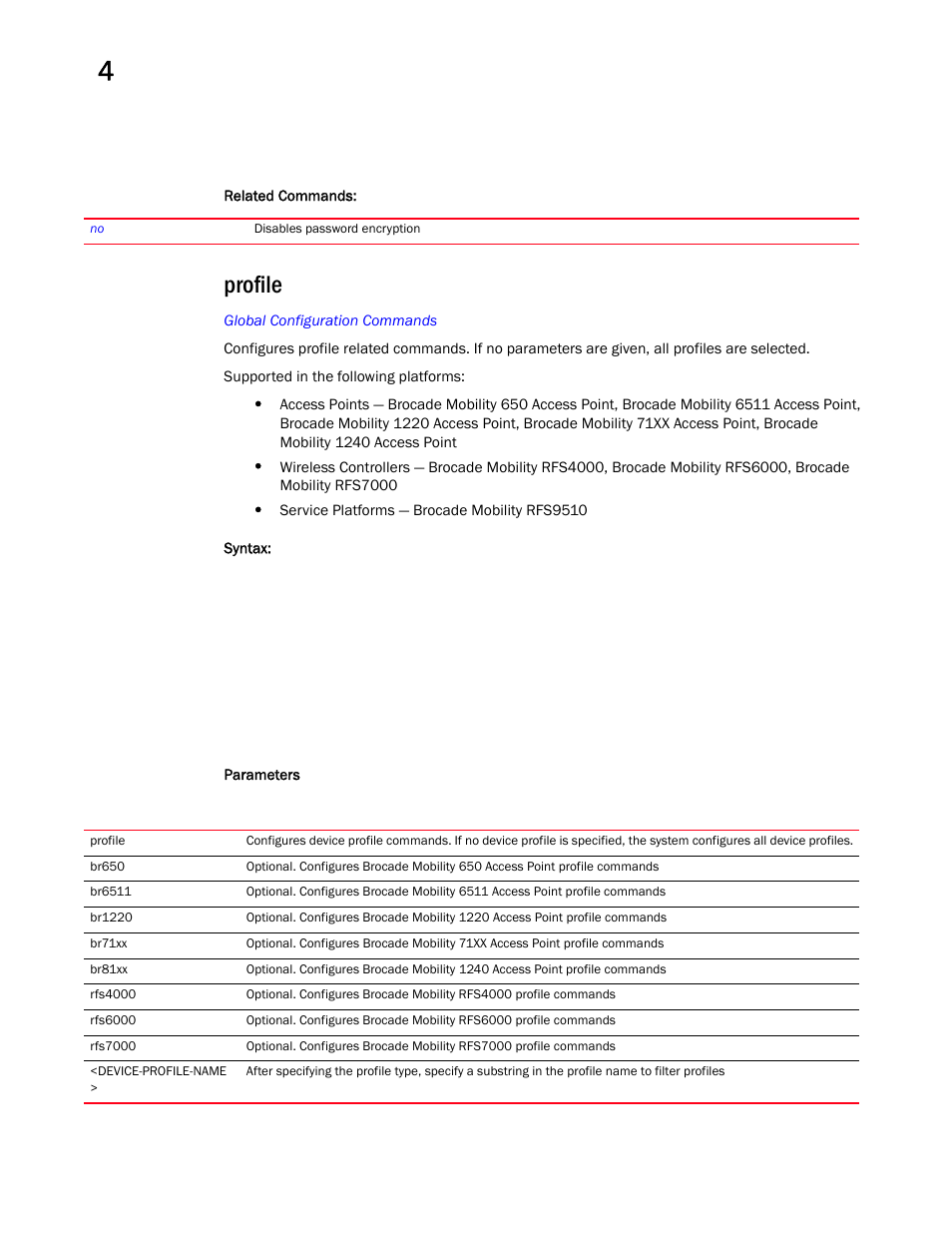 Profile | Brocade Mobility RFS Controller CLI Reference Guide (Supporting software release 5.5.0.0 and later) User Manual | Page 288 / 1355