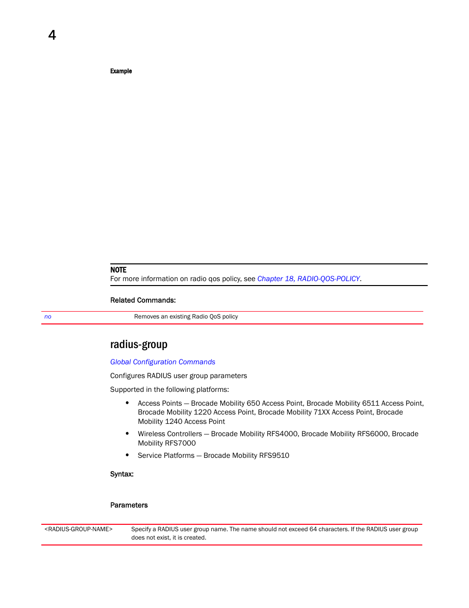 Radius-group | Brocade Mobility RFS Controller CLI Reference Guide (Supporting software release 5.5.0.0 and later) User Manual | Page 294 / 1355