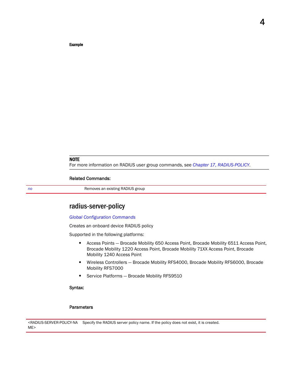 Radius-server-policy | Brocade Mobility RFS Controller CLI Reference Guide (Supporting software release 5.5.0.0 and later) User Manual | Page 295 / 1355