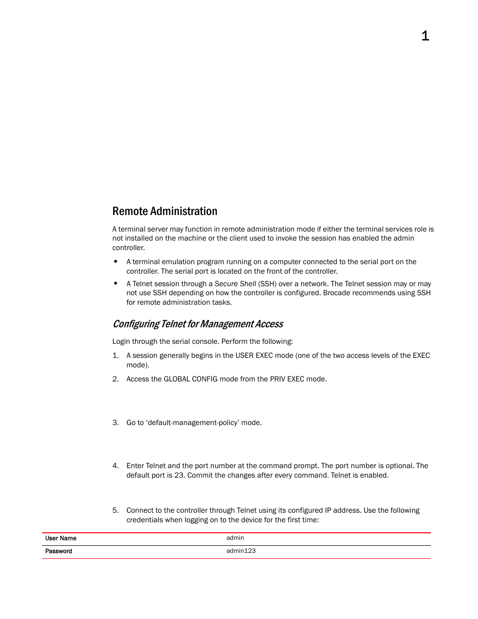 Remote administration, Configuring telnet for management access | Brocade Mobility RFS Controller CLI Reference Guide (Supporting software release 5.5.0.0 and later) User Manual | Page 30 / 1355