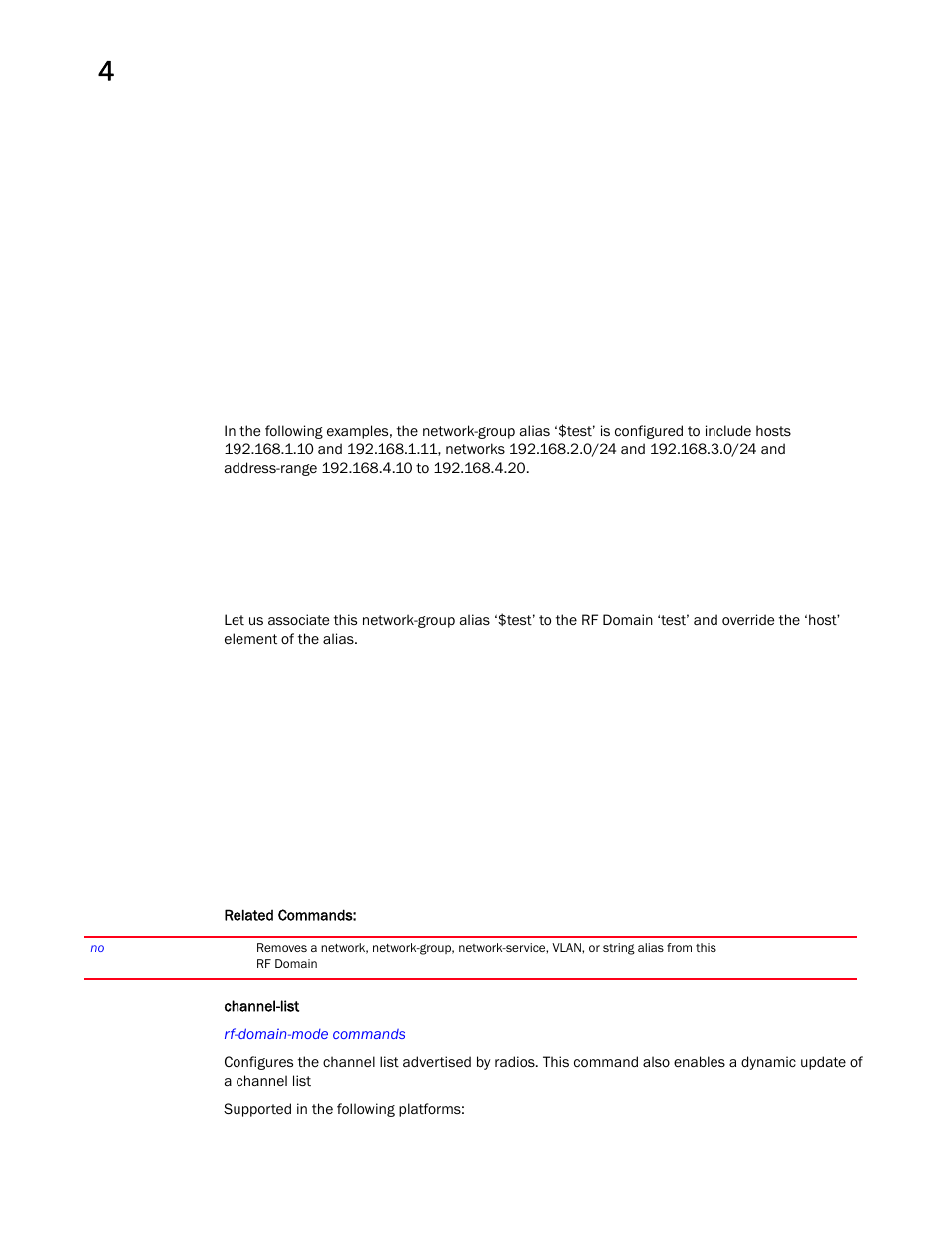 Channel-list | Brocade Mobility RFS Controller CLI Reference Guide (Supporting software release 5.5.0.0 and later) User Manual | Page 308 / 1355