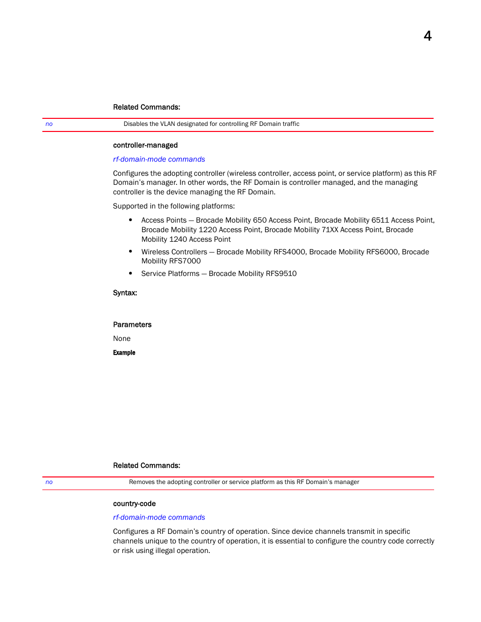 Controller-managed, Country-code | Brocade Mobility RFS Controller CLI Reference Guide (Supporting software release 5.5.0.0 and later) User Manual | Page 311 / 1355