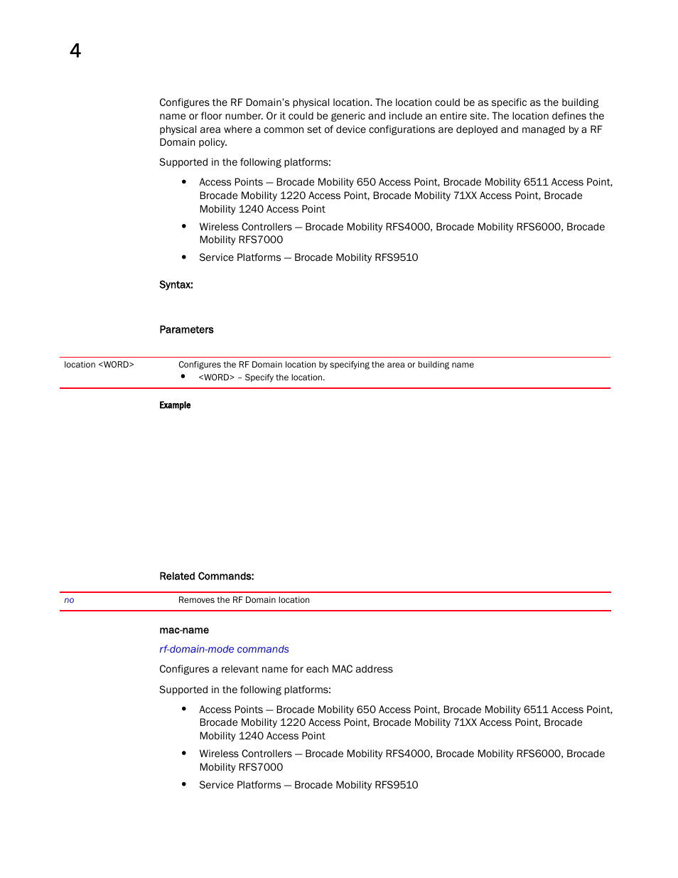 Mac-name | Brocade Mobility RFS Controller CLI Reference Guide (Supporting software release 5.5.0.0 and later) User Manual | Page 314 / 1355