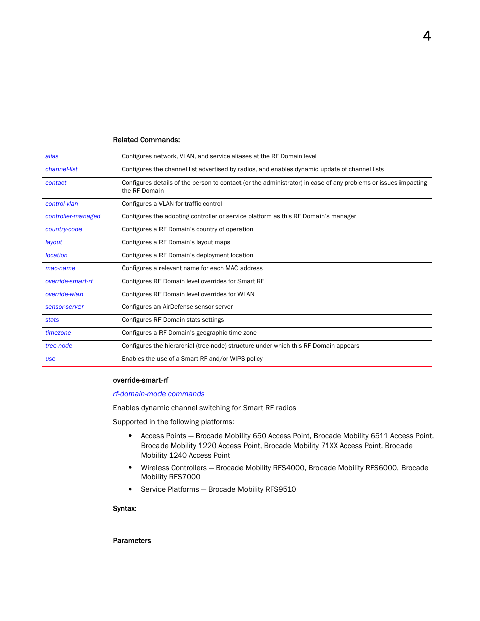 Override-smart-rf | Brocade Mobility RFS Controller CLI Reference Guide (Supporting software release 5.5.0.0 and later) User Manual | Page 317 / 1355