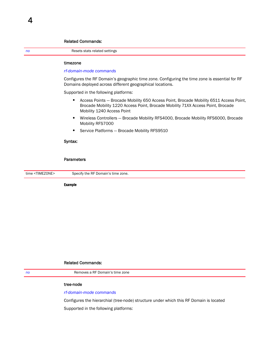 Timezone, Tree-node | Brocade Mobility RFS Controller CLI Reference Guide (Supporting software release 5.5.0.0 and later) User Manual | Page 322 / 1355