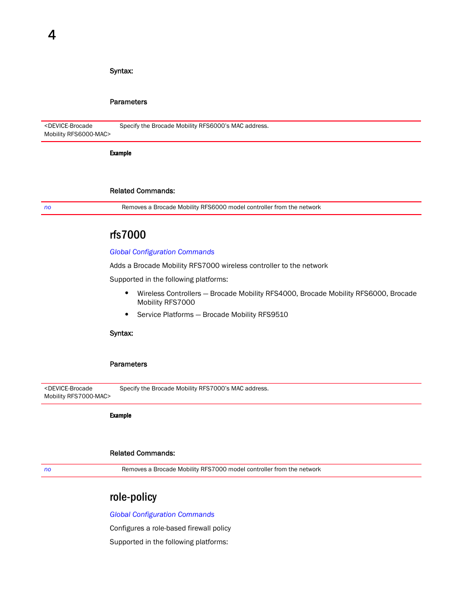 Rfs7000, Role-policy | Brocade Mobility RFS Controller CLI Reference Guide (Supporting software release 5.5.0.0 and later) User Manual | Page 326 / 1355