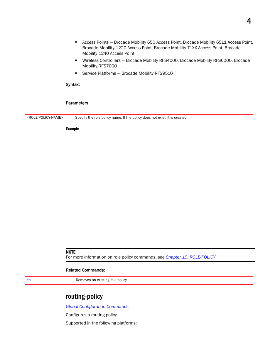 Routing-policy | Brocade Mobility RFS Controller CLI Reference Guide (Supporting software release 5.5.0.0 and later) User Manual | Page 327 / 1355