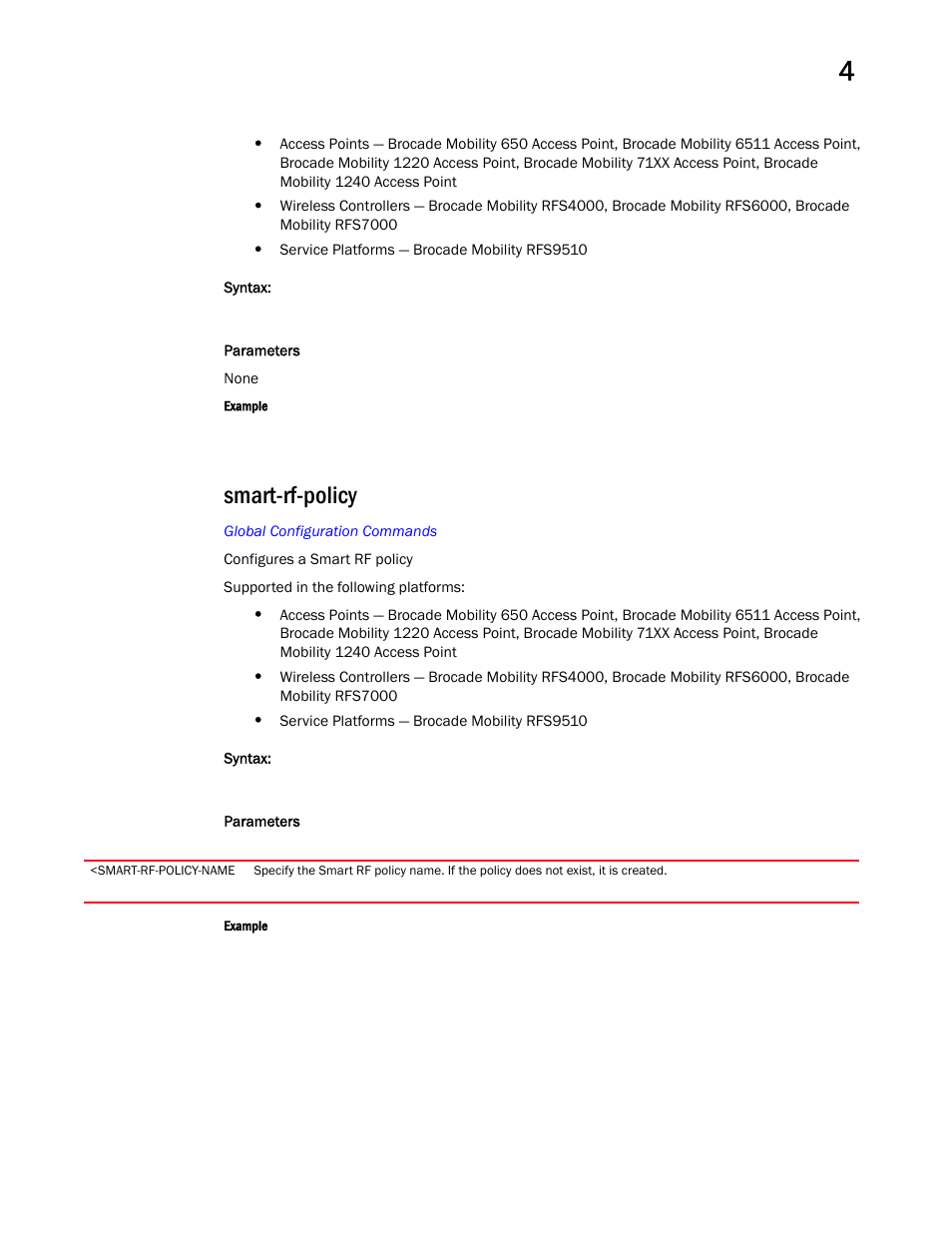 Smart-rf-policy | Brocade Mobility RFS Controller CLI Reference Guide (Supporting software release 5.5.0.0 and later) User Manual | Page 329 / 1355