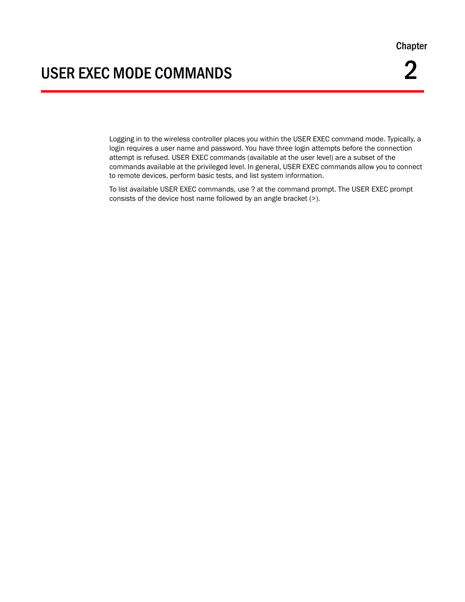 User exec mode commands, Chapter 2, Chapter | Brocade Mobility RFS Controller CLI Reference Guide (Supporting software release 5.5.0.0 and later) User Manual | Page 33 / 1355