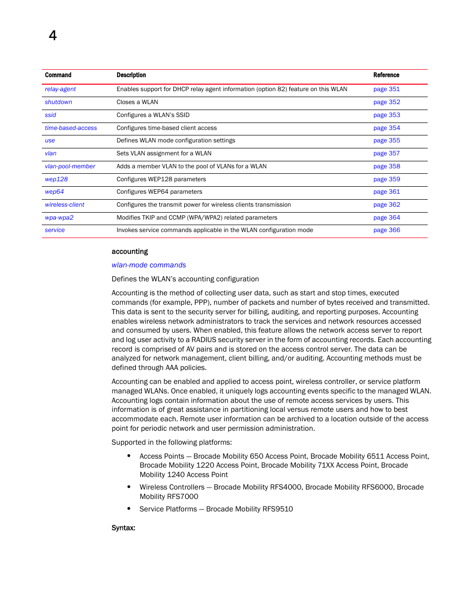 Accounting | Brocade Mobility RFS Controller CLI Reference Guide (Supporting software release 5.5.0.0 and later) User Manual | Page 336 / 1355