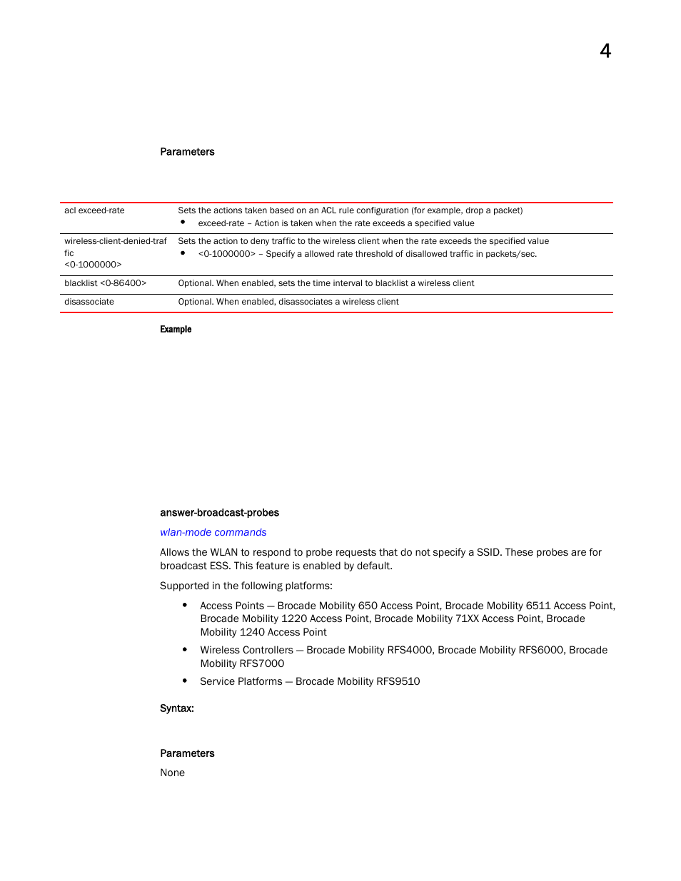 Answer-broadcast-prob es | Brocade Mobility RFS Controller CLI Reference Guide (Supporting software release 5.5.0.0 and later) User Manual | Page 339 / 1355