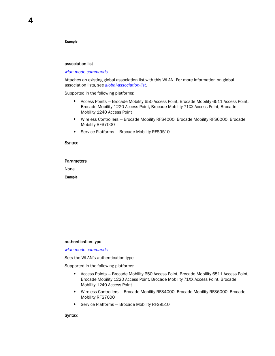 Association-list, Authentication-type | Brocade Mobility RFS Controller CLI Reference Guide (Supporting software release 5.5.0.0 and later) User Manual | Page 340 / 1355