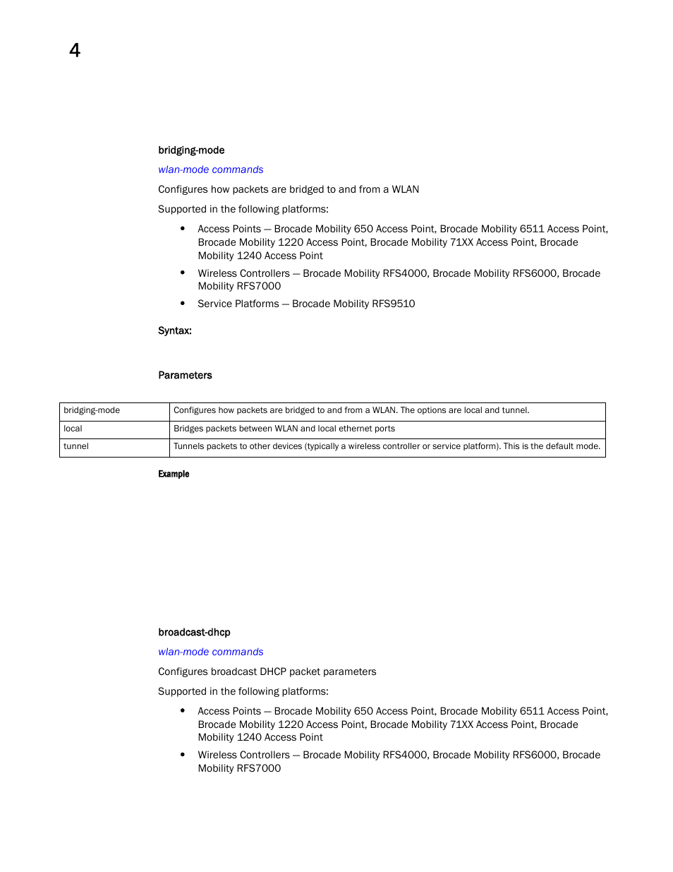 Bridging-mode, Broadcast-dhcp | Brocade Mobility RFS Controller CLI Reference Guide (Supporting software release 5.5.0.0 and later) User Manual | Page 342 / 1355