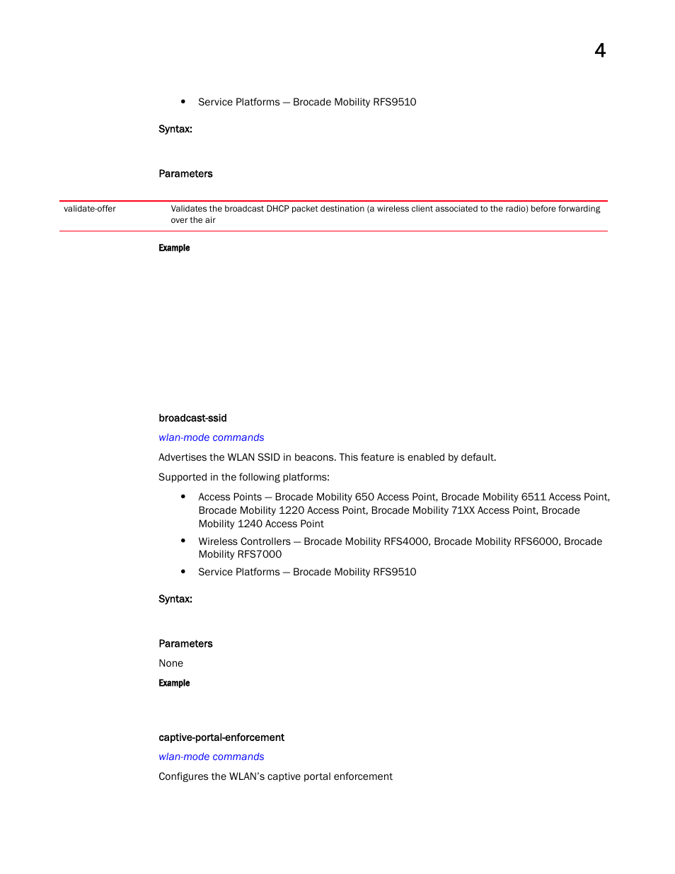 Broadcast-ssid, Captive-portal-enforce ment | Brocade Mobility RFS Controller CLI Reference Guide (Supporting software release 5.5.0.0 and later) User Manual | Page 343 / 1355