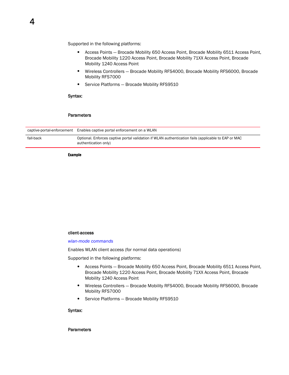 Client-access | Brocade Mobility RFS Controller CLI Reference Guide (Supporting software release 5.5.0.0 and later) User Manual | Page 344 / 1355