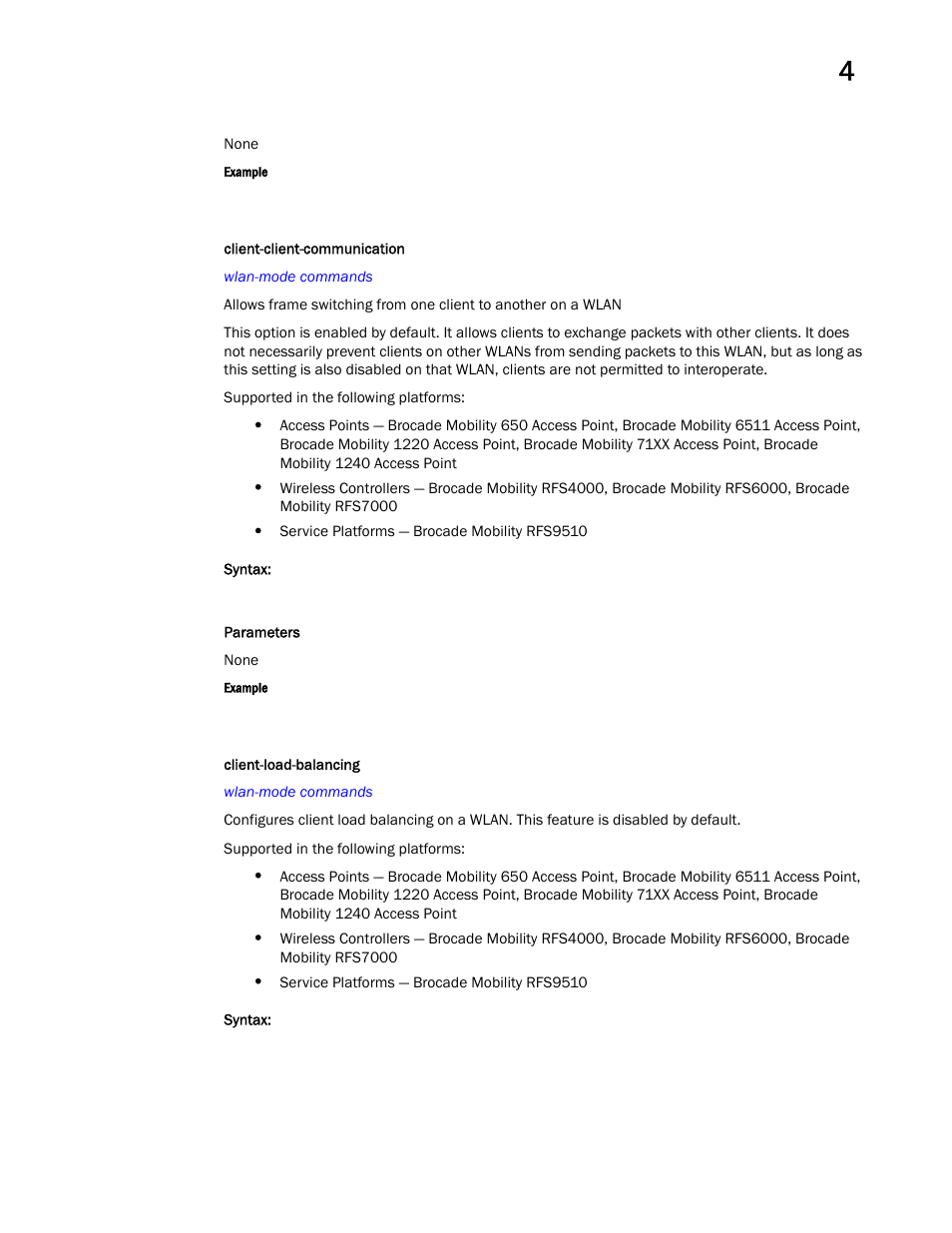 Client-client-communic ation, Client-load-balancing | Brocade Mobility RFS Controller CLI Reference Guide (Supporting software release 5.5.0.0 and later) User Manual | Page 345 / 1355
