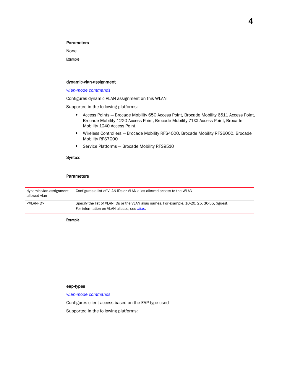 Dynamic-vlan-assignme nt, Eap-types | Brocade Mobility RFS Controller CLI Reference Guide (Supporting software release 5.5.0.0 and later) User Manual | Page 351 / 1355