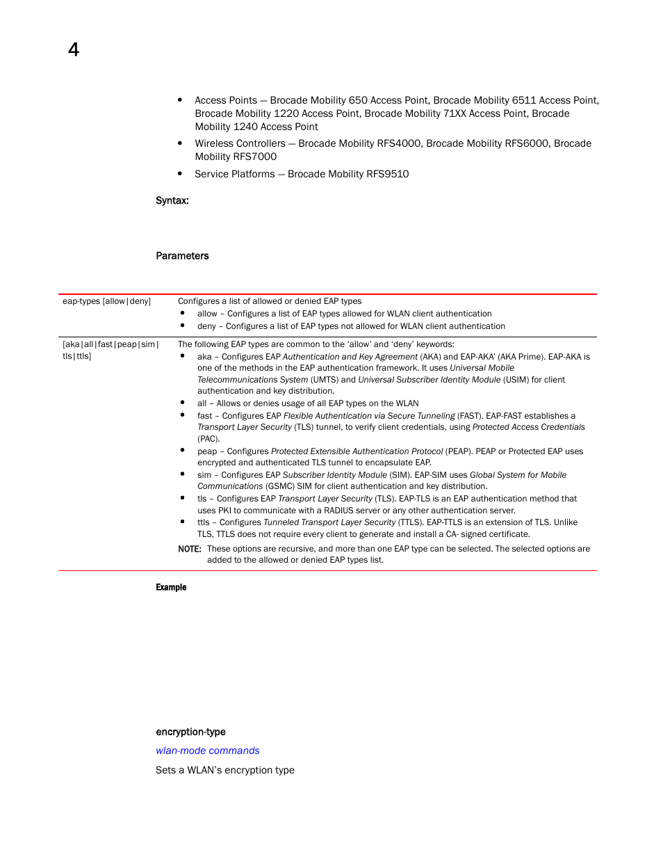 Encryption-type | Brocade Mobility RFS Controller CLI Reference Guide (Supporting software release 5.5.0.0 and later) User Manual | Page 352 / 1355