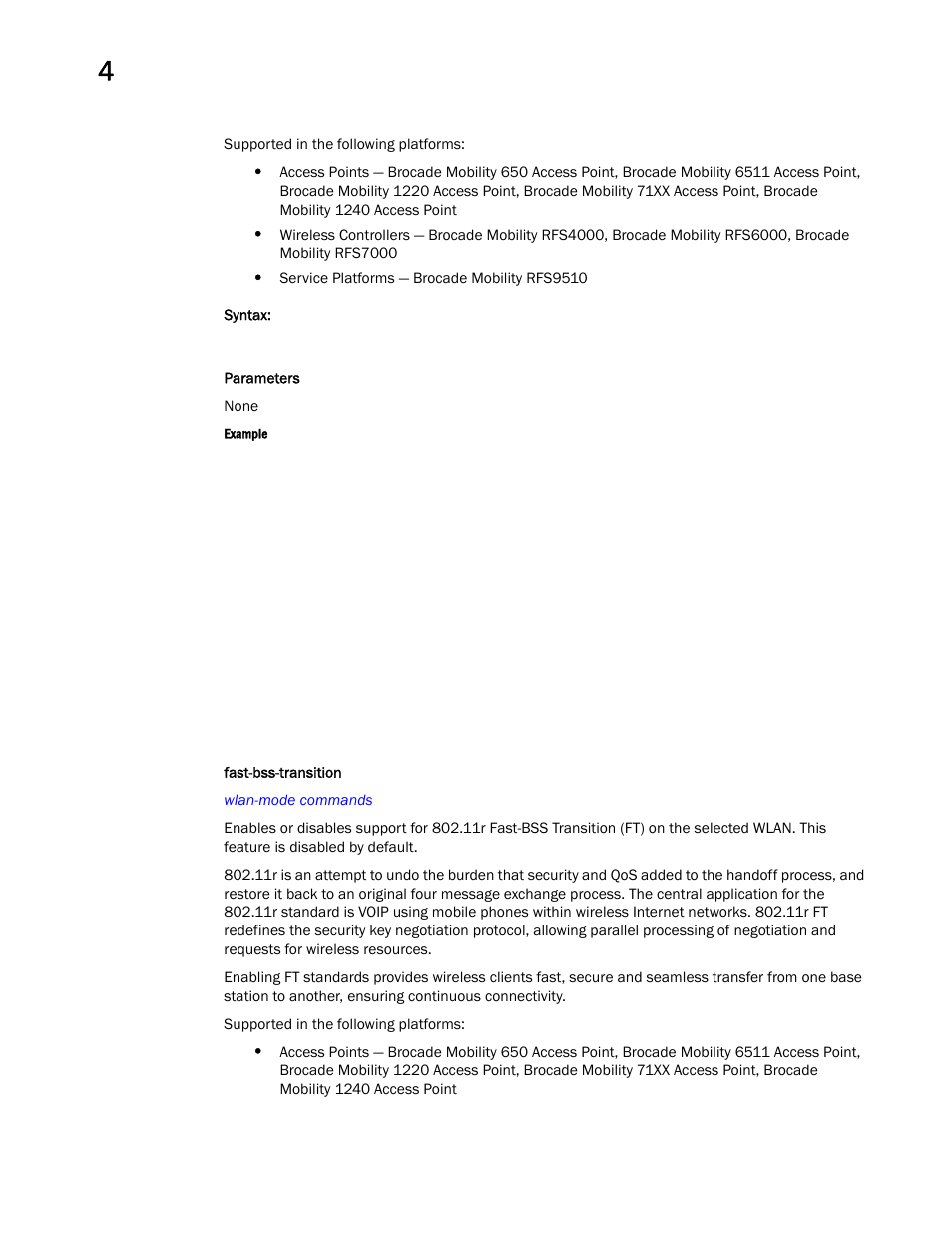 Fast-bss-transition | Brocade Mobility RFS Controller CLI Reference Guide (Supporting software release 5.5.0.0 and later) User Manual | Page 354 / 1355