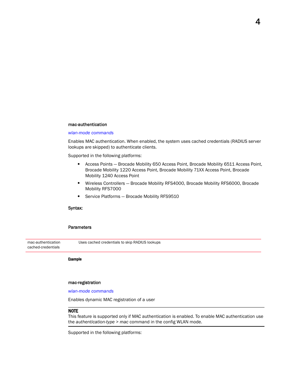 Mac-authentication, Mac-registration | Brocade Mobility RFS Controller CLI Reference Guide (Supporting software release 5.5.0.0 and later) User Manual | Page 359 / 1355