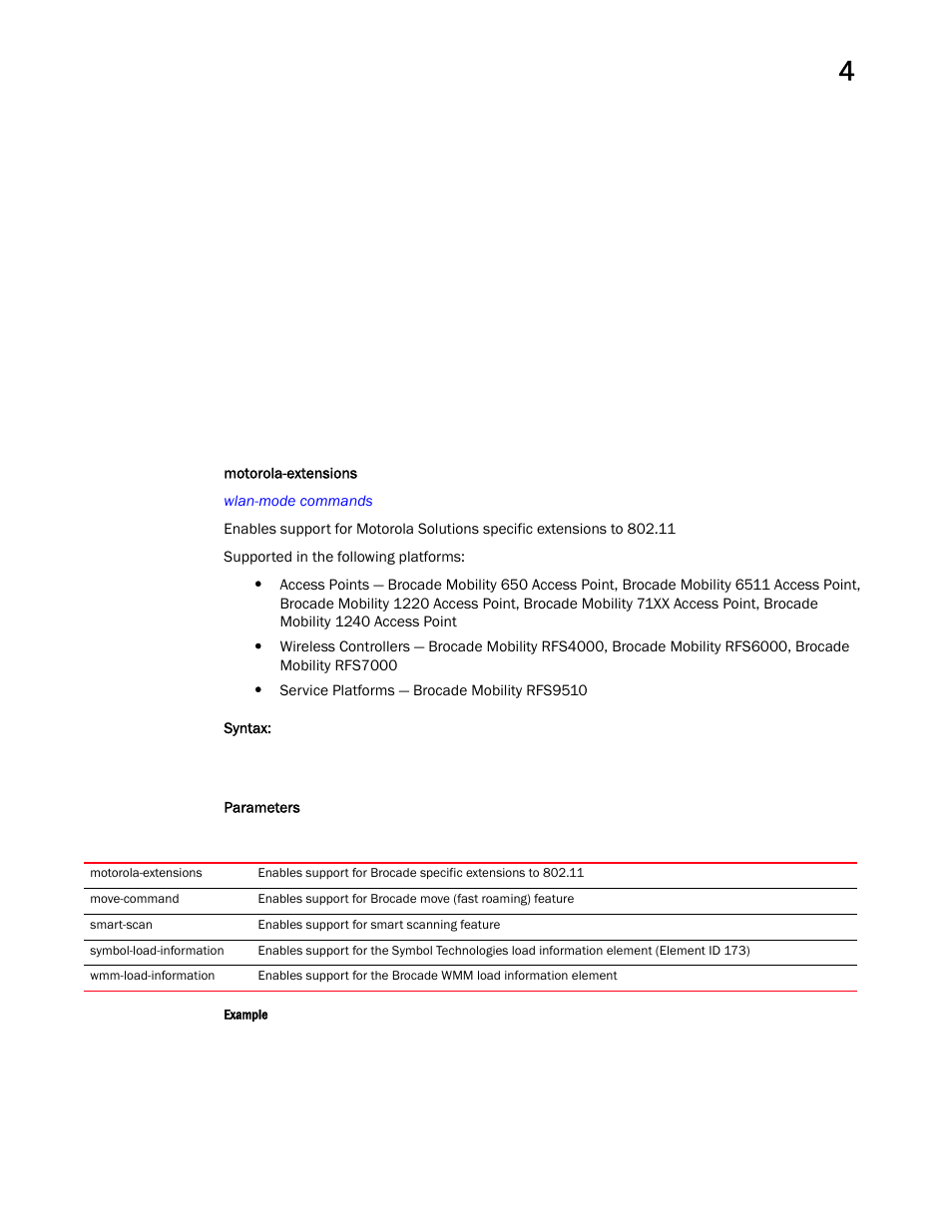 Motorola-extensions | Brocade Mobility RFS Controller CLI Reference Guide (Supporting software release 5.5.0.0 and later) User Manual | Page 361 / 1355