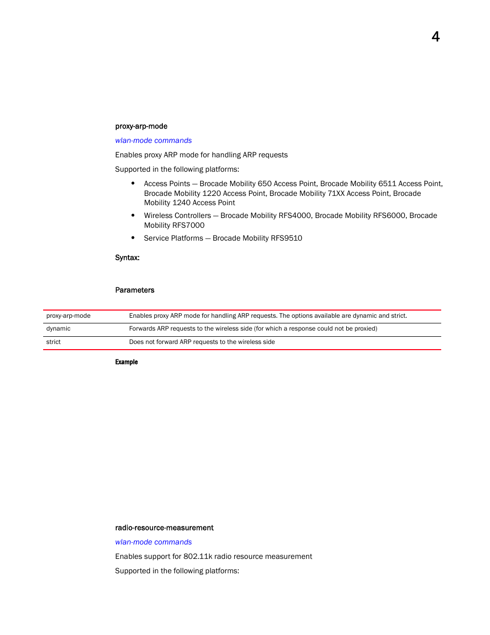 Proxy-arp-mode, Radio-resource-measur ement | Brocade Mobility RFS Controller CLI Reference Guide (Supporting software release 5.5.0.0 and later) User Manual | Page 365 / 1355