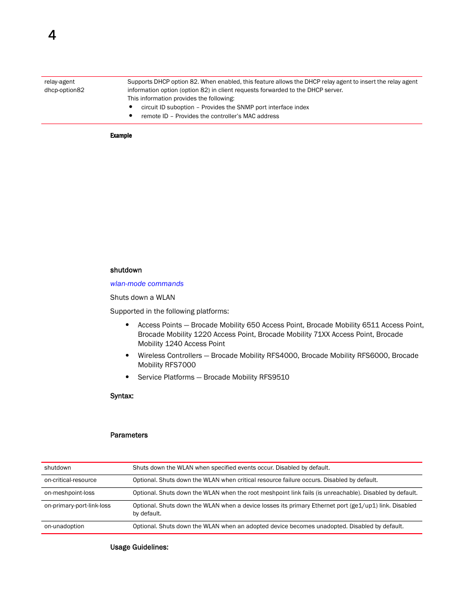 Shutdown | Brocade Mobility RFS Controller CLI Reference Guide (Supporting software release 5.5.0.0 and later) User Manual | Page 368 / 1355