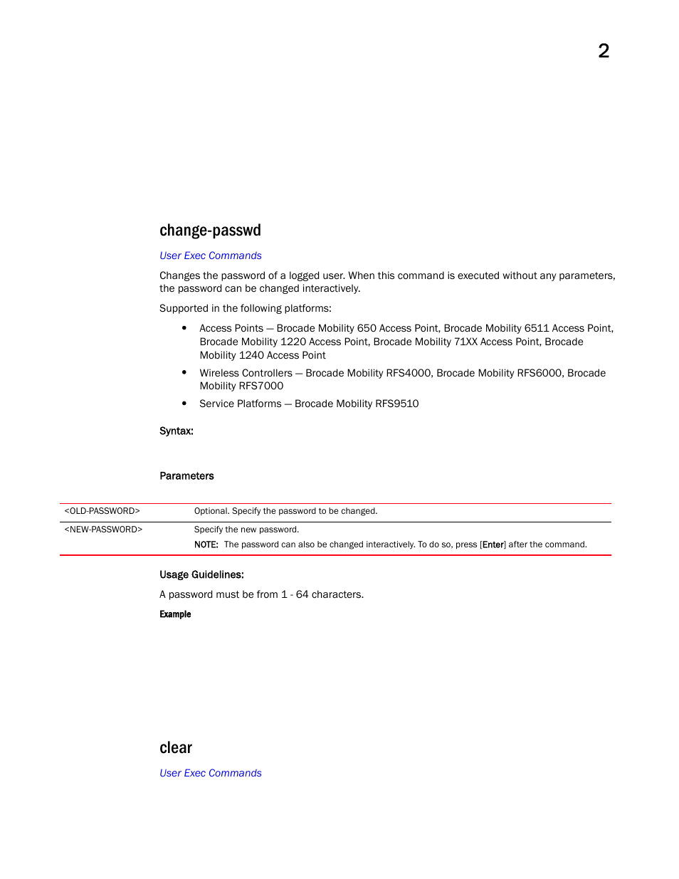 Change-passwd, Clear | Brocade Mobility RFS Controller CLI Reference Guide (Supporting software release 5.5.0.0 and later) User Manual | Page 37 / 1355