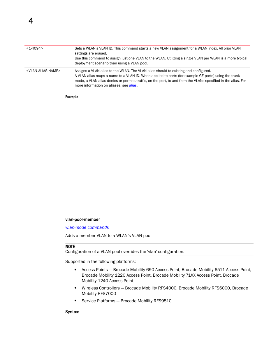 Vlan-pool-member | Brocade Mobility RFS Controller CLI Reference Guide (Supporting software release 5.5.0.0 and later) User Manual | Page 374 / 1355
