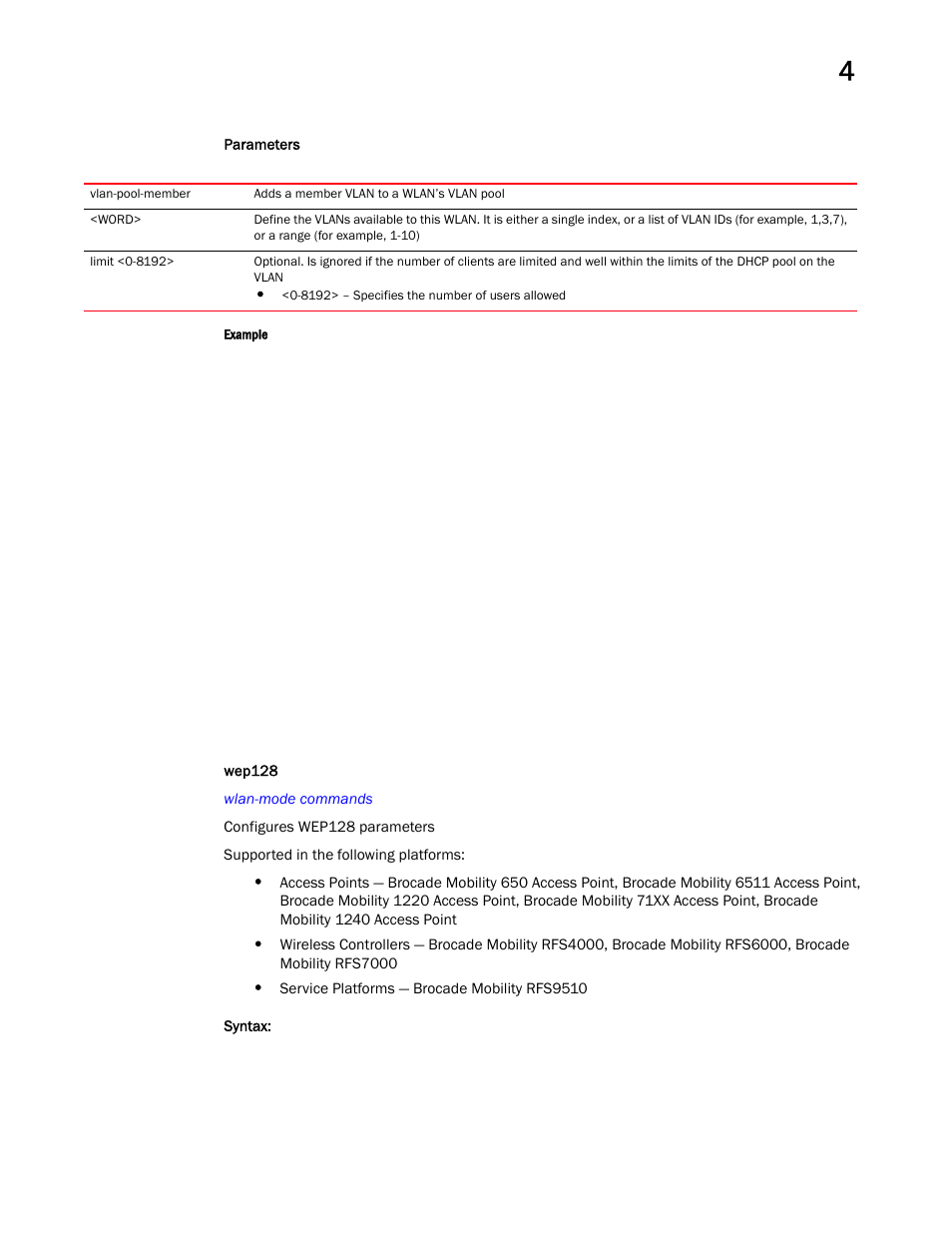 Wep128 | Brocade Mobility RFS Controller CLI Reference Guide (Supporting software release 5.5.0.0 and later) User Manual | Page 375 / 1355