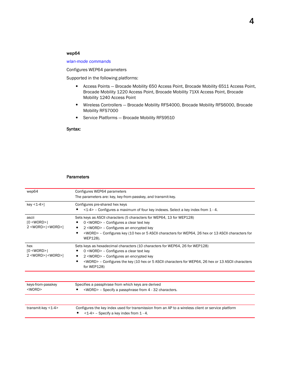 Wep64 | Brocade Mobility RFS Controller CLI Reference Guide (Supporting software release 5.5.0.0 and later) User Manual | Page 377 / 1355