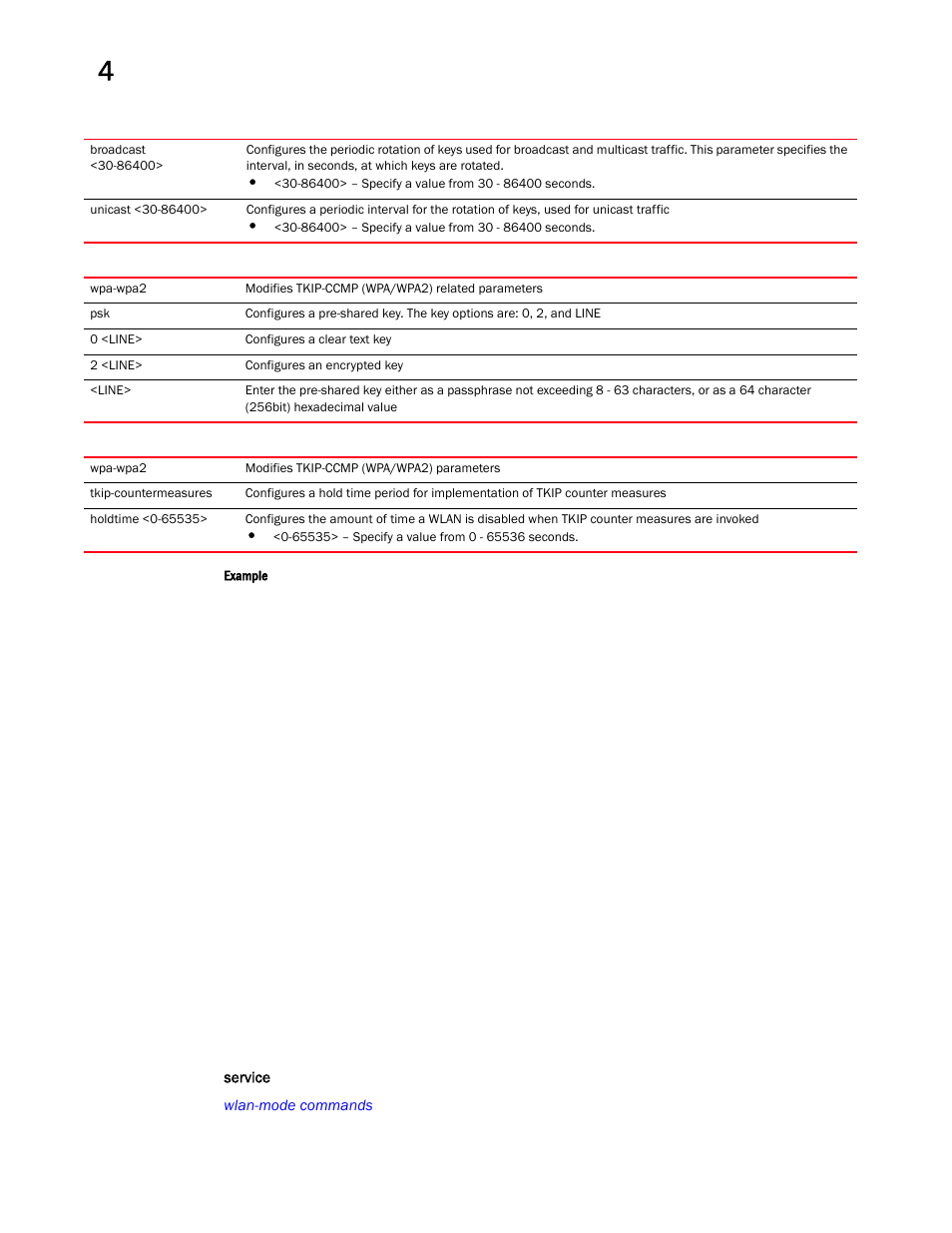 Chapter 4, service, Service | Brocade Mobility RFS Controller CLI Reference Guide (Supporting software release 5.5.0.0 and later) User Manual | Page 382 / 1355