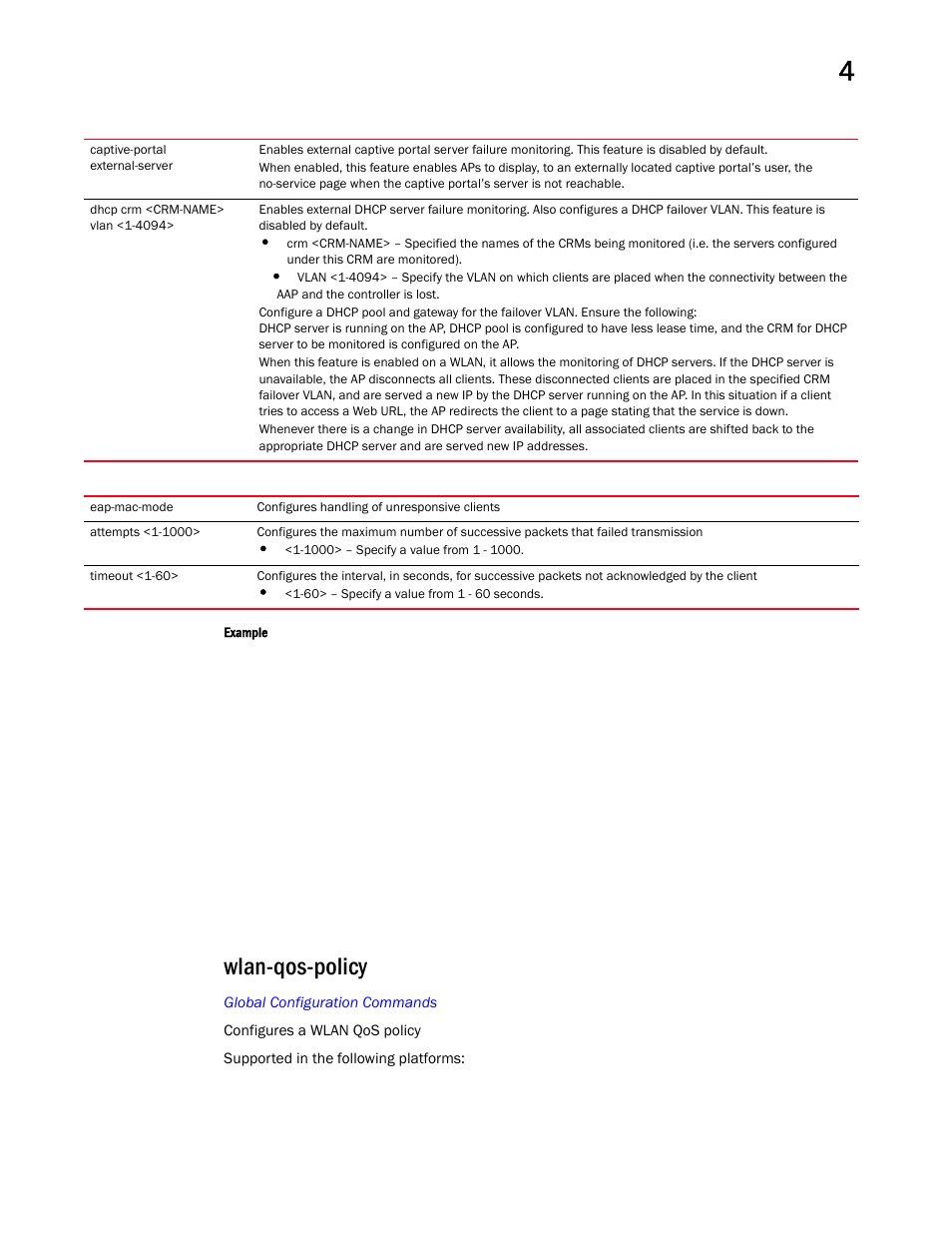 Wlan-qos-policy | Brocade Mobility RFS Controller CLI Reference Guide (Supporting software release 5.5.0.0 and later) User Manual | Page 385 / 1355