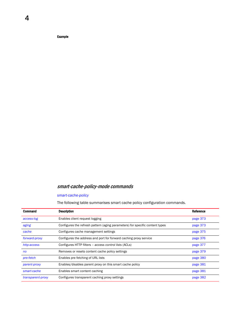 Smart-cache-policy-mod e commands, Smart-cache-policy-mode commands | Brocade Mobility RFS Controller CLI Reference Guide (Supporting software release 5.5.0.0 and later) User Manual | Page 388 / 1355