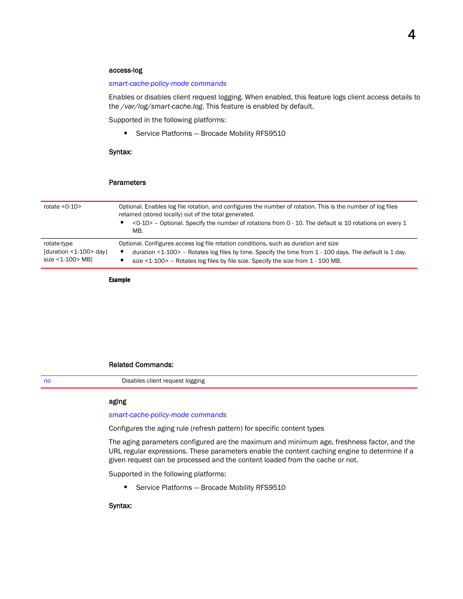 Access-log, Aging | Brocade Mobility RFS Controller CLI Reference Guide (Supporting software release 5.5.0.0 and later) User Manual | Page 389 / 1355