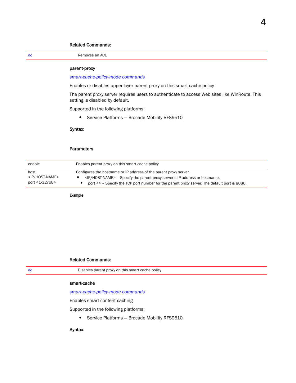 Parent-proxy, Smart-cache | Brocade Mobility RFS Controller CLI Reference Guide (Supporting software release 5.5.0.0 and later) User Manual | Page 397 / 1355