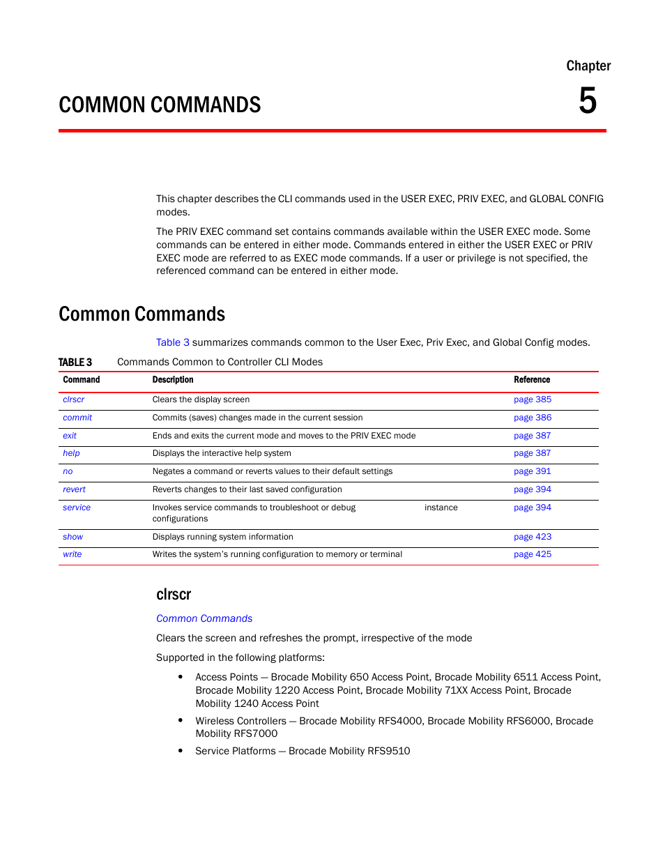 Common commands, Clrscr, Chapter 5 | Chapter | Brocade Mobility RFS Controller CLI Reference Guide (Supporting software release 5.5.0.0 and later) User Manual | Page 400 / 1355