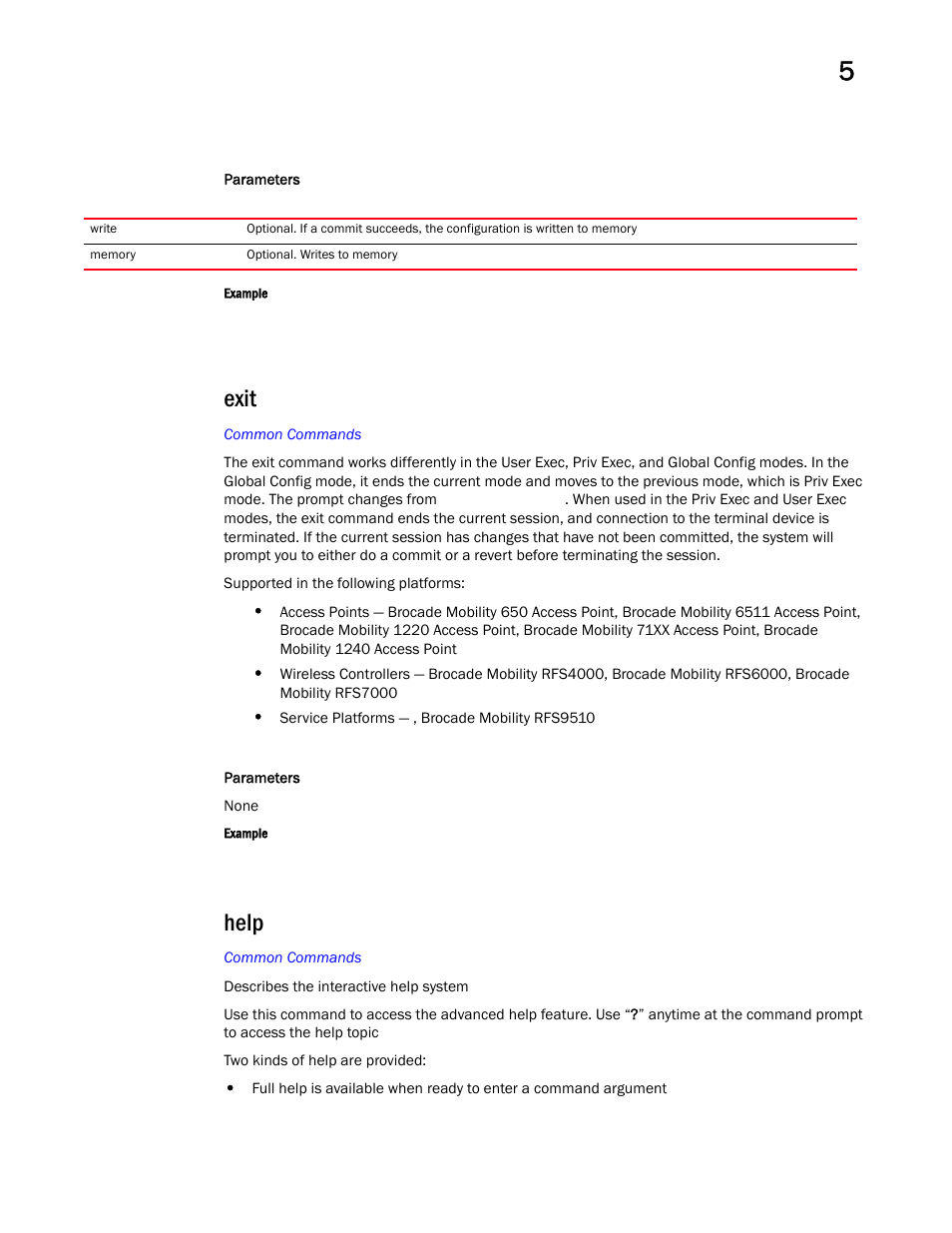 Exit, Help | Brocade Mobility RFS Controller CLI Reference Guide (Supporting software release 5.5.0.0 and later) User Manual | Page 402 / 1355