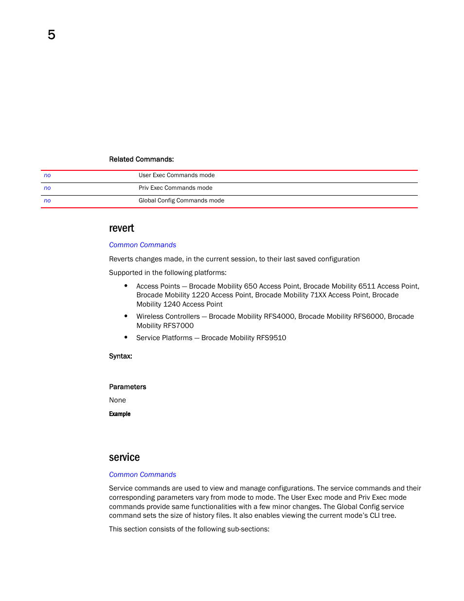 Revert, Service | Brocade Mobility RFS Controller CLI Reference Guide (Supporting software release 5.5.0.0 and later) User Manual | Page 409 / 1355