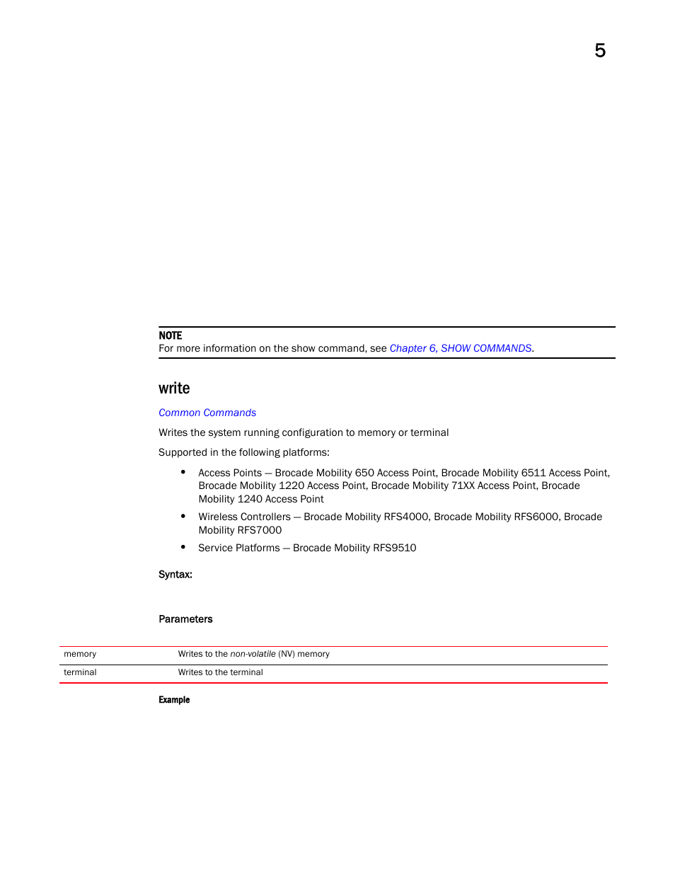 Write | Brocade Mobility RFS Controller CLI Reference Guide (Supporting software release 5.5.0.0 and later) User Manual | Page 440 / 1355