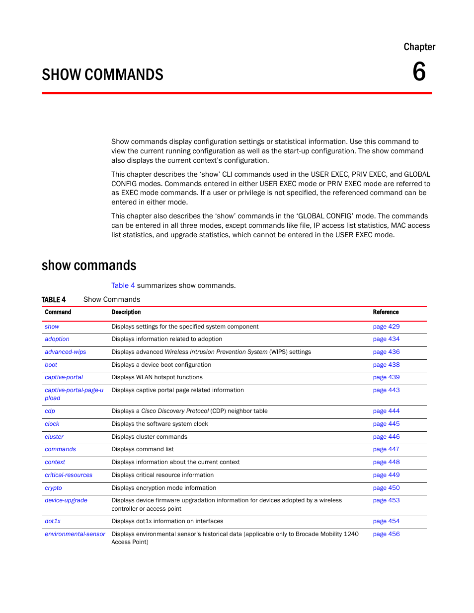 Show commands, Chapter 6, Chapter | Brocade Mobility RFS Controller CLI Reference Guide (Supporting software release 5.5.0.0 and later) User Manual | Page 441 / 1355