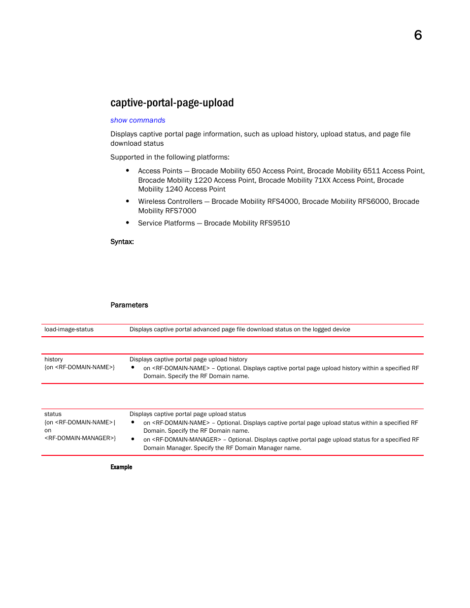 Captive-portal-page-upload | Brocade Mobility RFS Controller CLI Reference Guide (Supporting software release 5.5.0.0 and later) User Manual | Page 457 / 1355