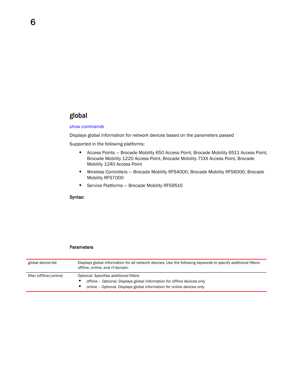 Global | Brocade Mobility RFS Controller CLI Reference Guide (Supporting software release 5.5.0.0 and later) User Manual | Page 480 / 1355