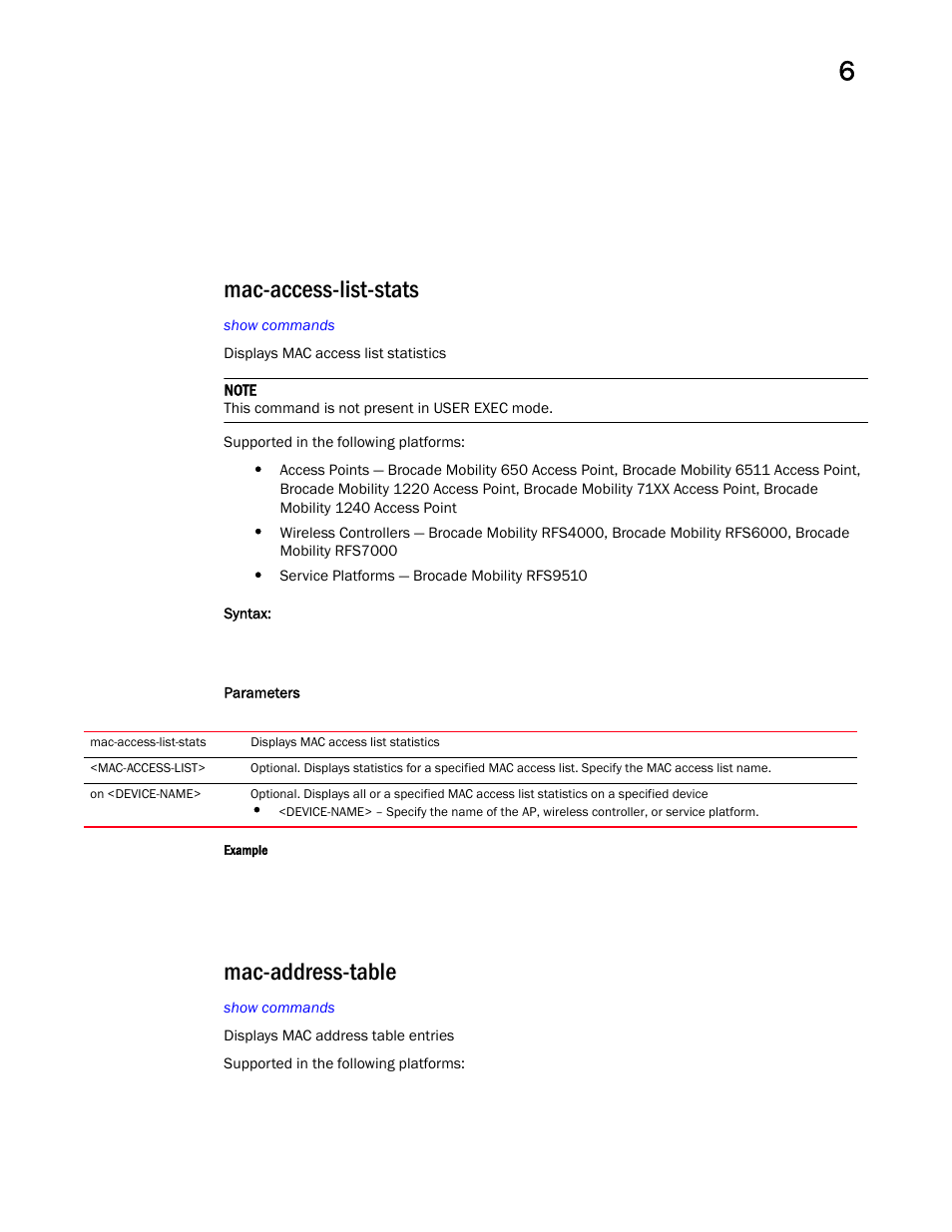 Mac-access-list-stats, Mac-address-table | Brocade Mobility RFS Controller CLI Reference Guide (Supporting software release 5.5.0.0 and later) User Manual | Page 501 / 1355