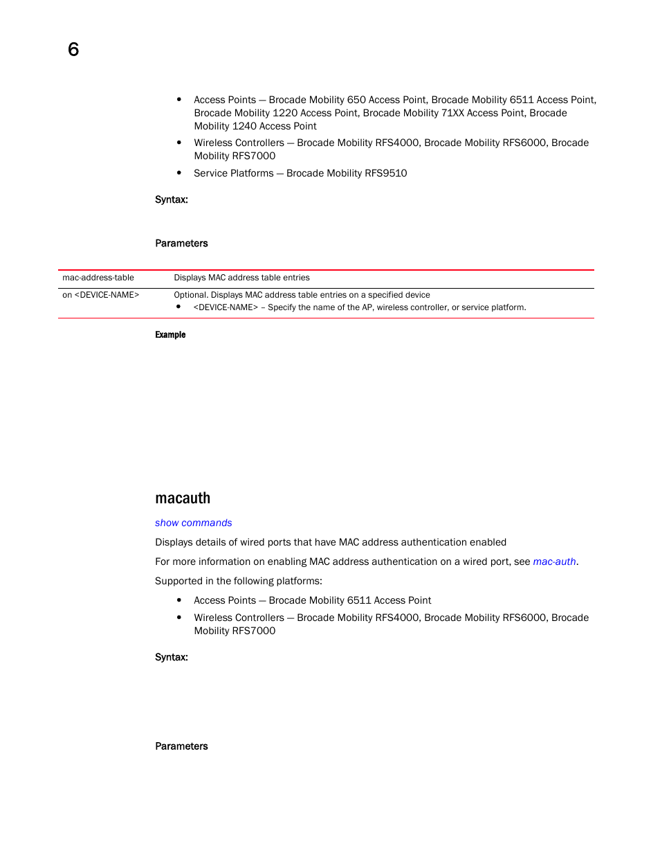 Macauth | Brocade Mobility RFS Controller CLI Reference Guide (Supporting software release 5.5.0.0 and later) User Manual | Page 502 / 1355