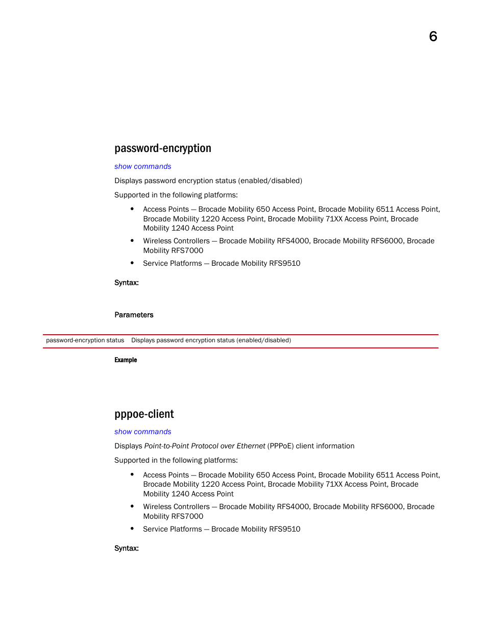 Password-encryption, Pppoe-client | Brocade Mobility RFS Controller CLI Reference Guide (Supporting software release 5.5.0.0 and later) User Manual | Page 507 / 1355